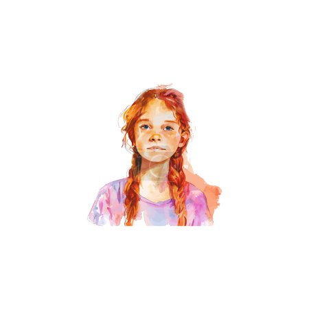 Watercolor Portrait of Girl with Braids. Vector illustration design.