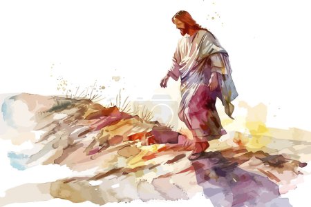 Watercolor Painting of Jesus Walking on Path. Vector illustration design.