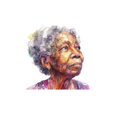 Watercolor Portrait of Elderly Woman Looking Up. Vector illustration design.