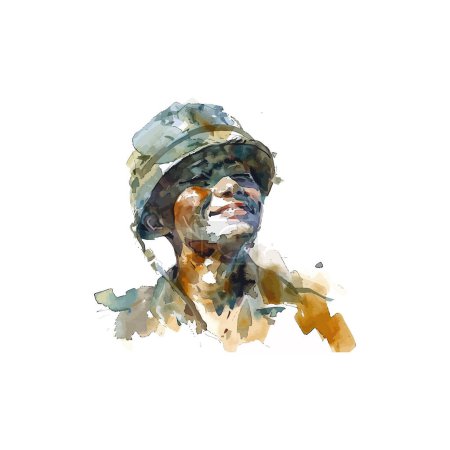Watercolor Portrait of Smiling Soldier in Helmet. Vector illustration design.
