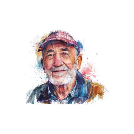 Watercolor Portrait of Smiling Elderly Man in Cap. Vector illustration design.