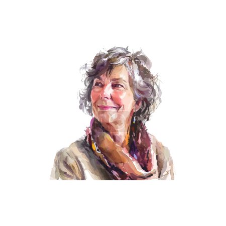 Watercolor Portrait of Smiling Elderly Woman with Scarf. Vector illustration design.