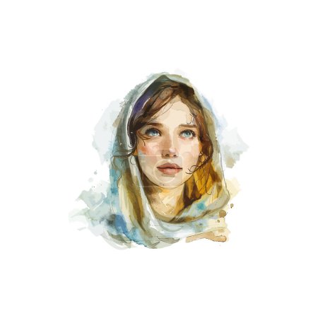 Watercolor Portrait of Woman with Pensive Expression. Vector illustration design.