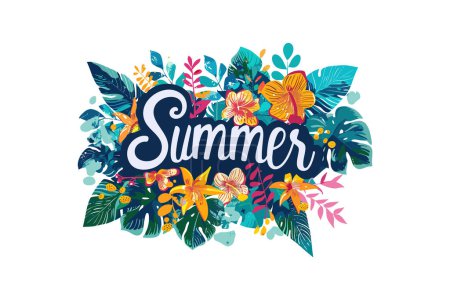 Lebendiger Sommertext mit tropischen Blumen. Vektor-Illustrationsdesign.