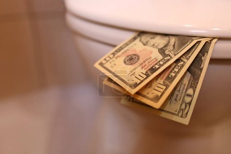 Paper bills are clamped by the toilet lid. The concept of money being flushed down the toilet.