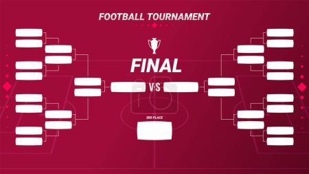 Ilustración del calendario de partidos de playoff en el torneo de fútbol sobre fondo rojo. etapa final. torneo de fútbol.