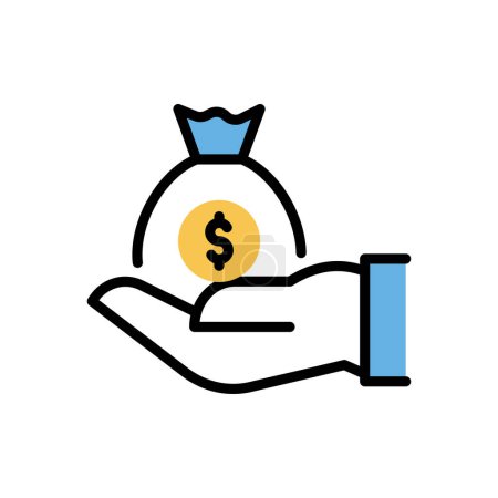 Téléchargez les illustrations : Sac d'argent dans l'icône de la main, illustration simple web - en licence libre de droit