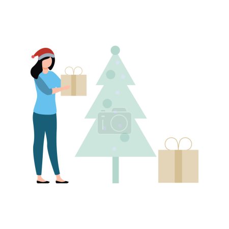 Illustration for A girl stands near a Christmas tree with a gift. - Royalty Free Image