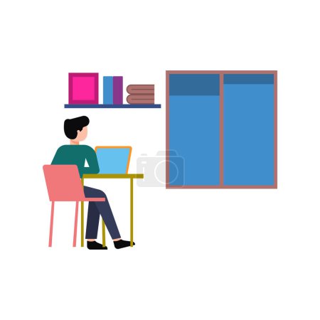 Téléchargez les illustrations : Garçon travaillant sur son ordinateur portable à la maison. - en licence libre de droit