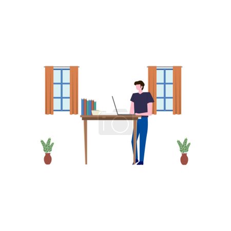 Illustration for The boy is standing next to the laptop table. - Royalty Free Image
