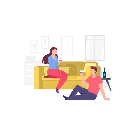 Illustration for A boy and a girl are drinking on a couch. - Royalty Free Image