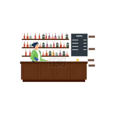 Illustration for The waitress is standing at the bar counter. - Royalty Free Image