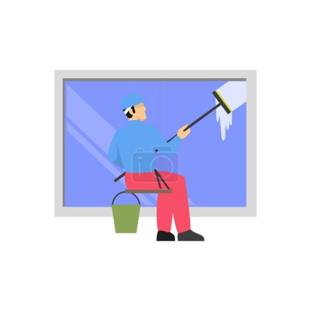 Téléchargez les illustrations : Le nettoyeur nettoie la fenêtre. - en licence libre de droit