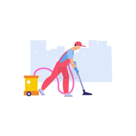 Illustration for The boy is cleaning the floor with a vacuum cleaner. - Royalty Free Image