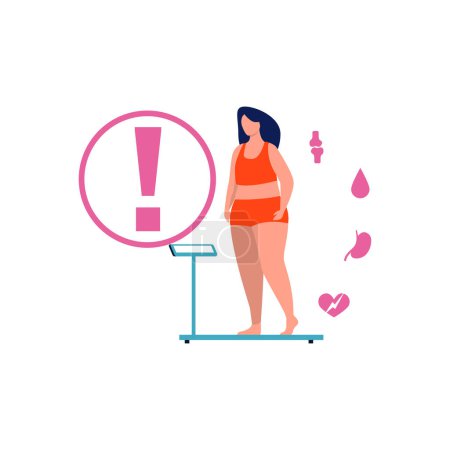 Illustration for A girl checks her weight on a weighing machine. - Royalty Free Image