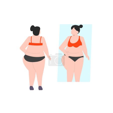 Illustration for The girl is checking her weight in the mirror. - Royalty Free Image
