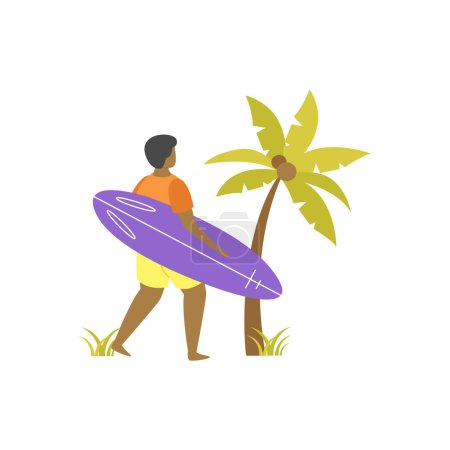 Illustration for A boy with a surfboard is going surfing. - Royalty Free Image