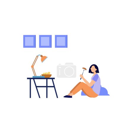 Illustration for The girl is eating on the floor. - Royalty Free Image