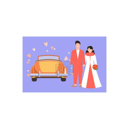 Téléchargez les illustrations : Le couple est debout à côté de la voiture de mariage. - en licence libre de droit
