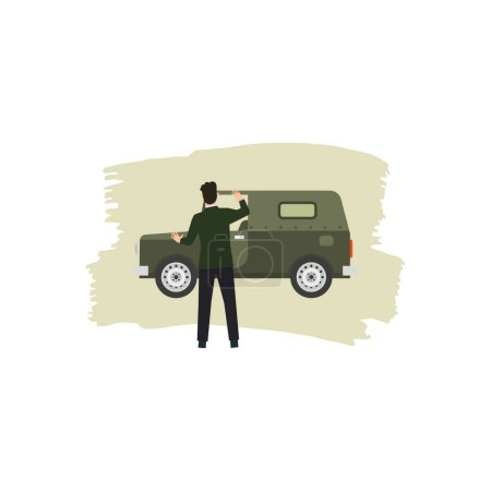 Illustration for The boy is looking at the army jeep. - Royalty Free Image