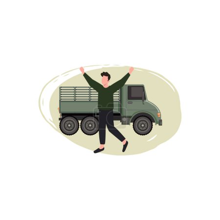 Illustration for The boy is standing next to a military truck. - Royalty Free Image