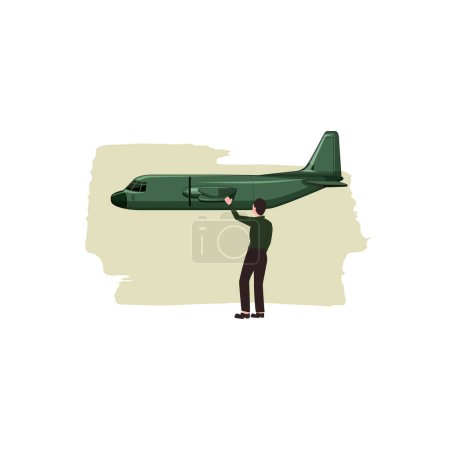 Illustration for Boy waving at a military plane. - Royalty Free Image