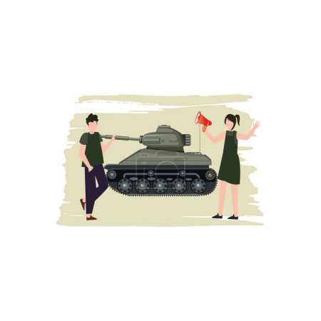 Ilustración de La chica está anunciando un tanque militar a través de un megáfono. - Imagen libre de derechos