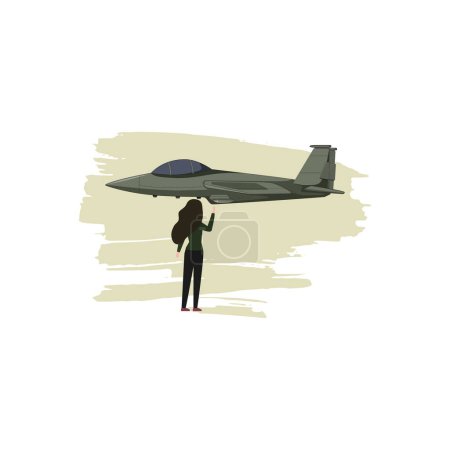 Téléchargez les illustrations : La fille regarde l'avion militaire.. - en licence libre de droit