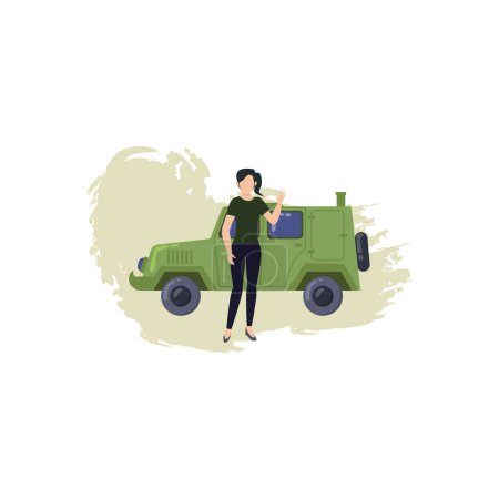 Ilustración de La chica está de pie junto a un jeep militar. - Imagen libre de derechos