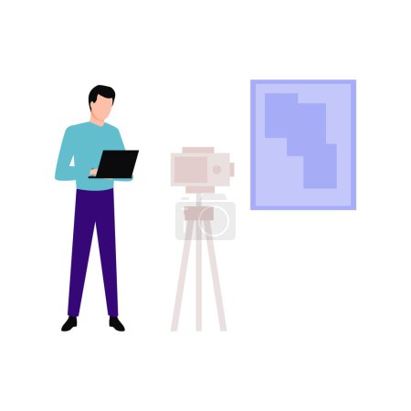 Illustration for The boy is standing next to a video tripod. - Royalty Free Image