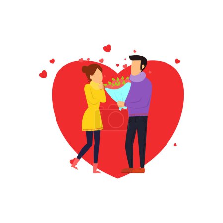 Illustration for Boy giving flowers to girl on Valentine's Day. - Royalty Free Image