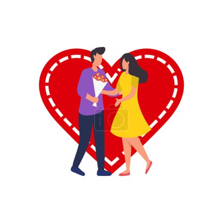 Illustration for Boy giving flowers to girl on Valentine's Day. - Royalty Free Image