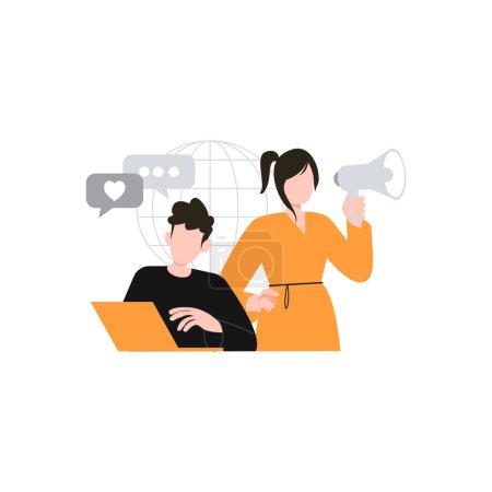Illustration for Boy and girl advertising on laptop. - Royalty Free Image