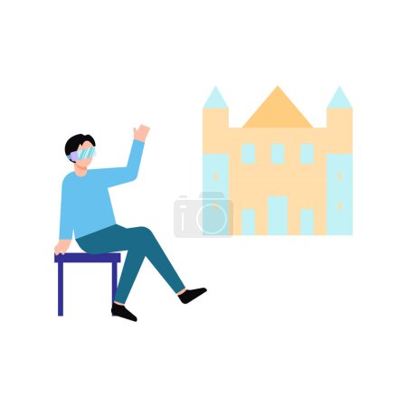Illustration for Boy wearing VR glasses looking at the castle. - Royalty Free Image
