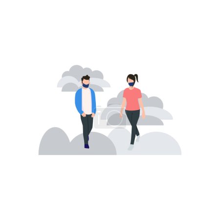 Illustration for A boy and a girl are walking wearing masks. - Royalty Free Image