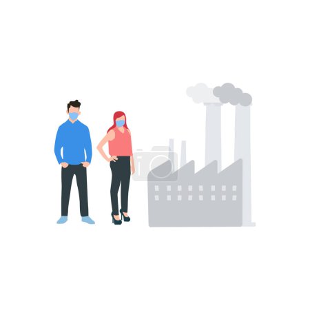 Ilustración de Un niño y una niña con máscaras miran el humo que sale de la fábrica. - Imagen libre de derechos