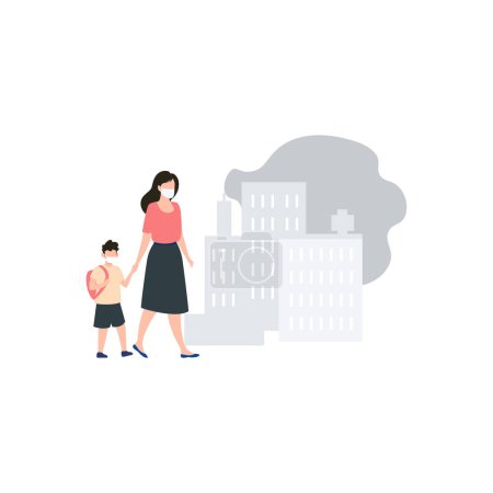 Illustration for A girl and a child wearing a mask are walking. - Royalty Free Image