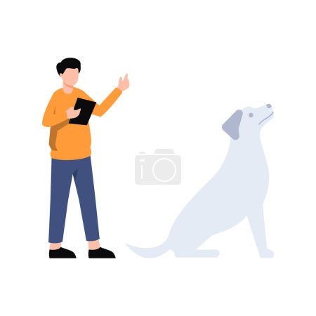 Illustration for A boy standing next to a dog is holding a tab. - Royalty Free Image