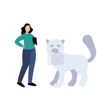 Illustration for The girl is standing next to the dog holding a tab. - Royalty Free Image