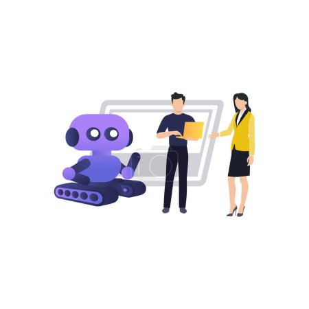 Téléchargez les illustrations : Un garçon et une fille instruisant un robot. - en licence libre de droit