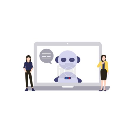 Illustration for The girls are talking to the robot on the laptop. - Royalty Free Image