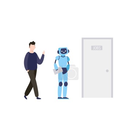 Téléchargez les illustrations : Le garçon et le robot se tiennent devant la salle de travail. - en licence libre de droit