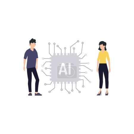 Illustration for Boy and girl looking at artificial intelligence chip. - Royalty Free Image