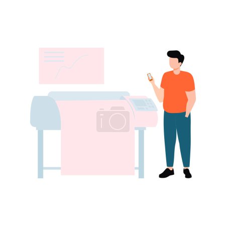 Illustration for The boy is standing by the printing machine. - Royalty Free Image