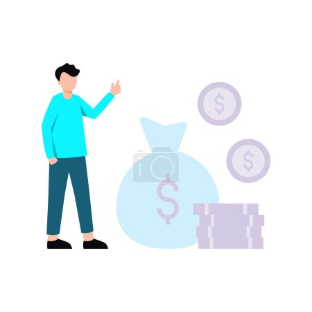 Illustration for Boy standing next to dollar coins and sack. - Royalty Free Image