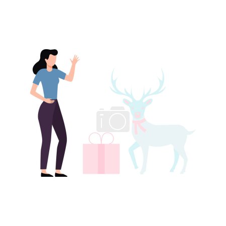 Téléchargez les illustrations : Fille debout près de rennes et cadeaux de Noël. - en licence libre de droit