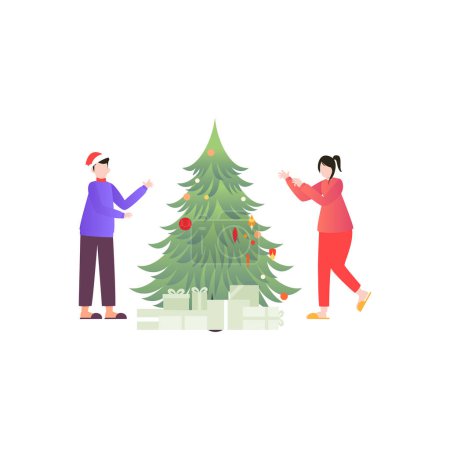 Illustration for A boy and a girl are decorating a Christmas tree. - Royalty Free Image