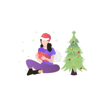 Téléchargez les illustrations : La fille est assise près du sapin de Noël et tient une boîte cadeau. - en licence libre de droit