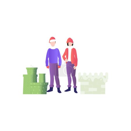 Illustration for Boy and girl standing near Christmas presents. - Royalty Free Image