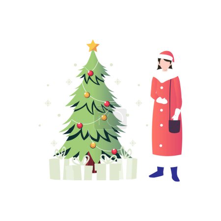 Illustration for The girl is standing by the Christmas tree. - Royalty Free Image